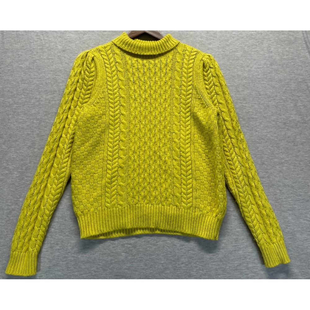 Ann Taylor Cable Knit Sweater Womens M Lime Yellow Acrylic Mock Neck Puff Sleeve